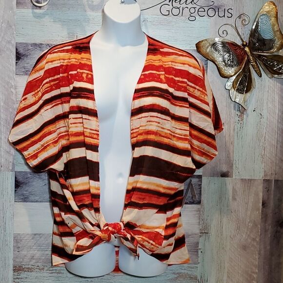Liz Claiborne Sz 3X Tribal Beat Orange Stripe Open Front Kimono Blouse New 824 - Picture 1 of 9